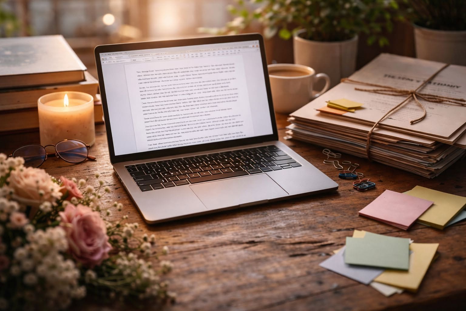 Ordinateur ouvert sur un texte, bougie et documents de travail sur une table, illustration d’un article sur l’écriture d’un mémoire thérapeutique.