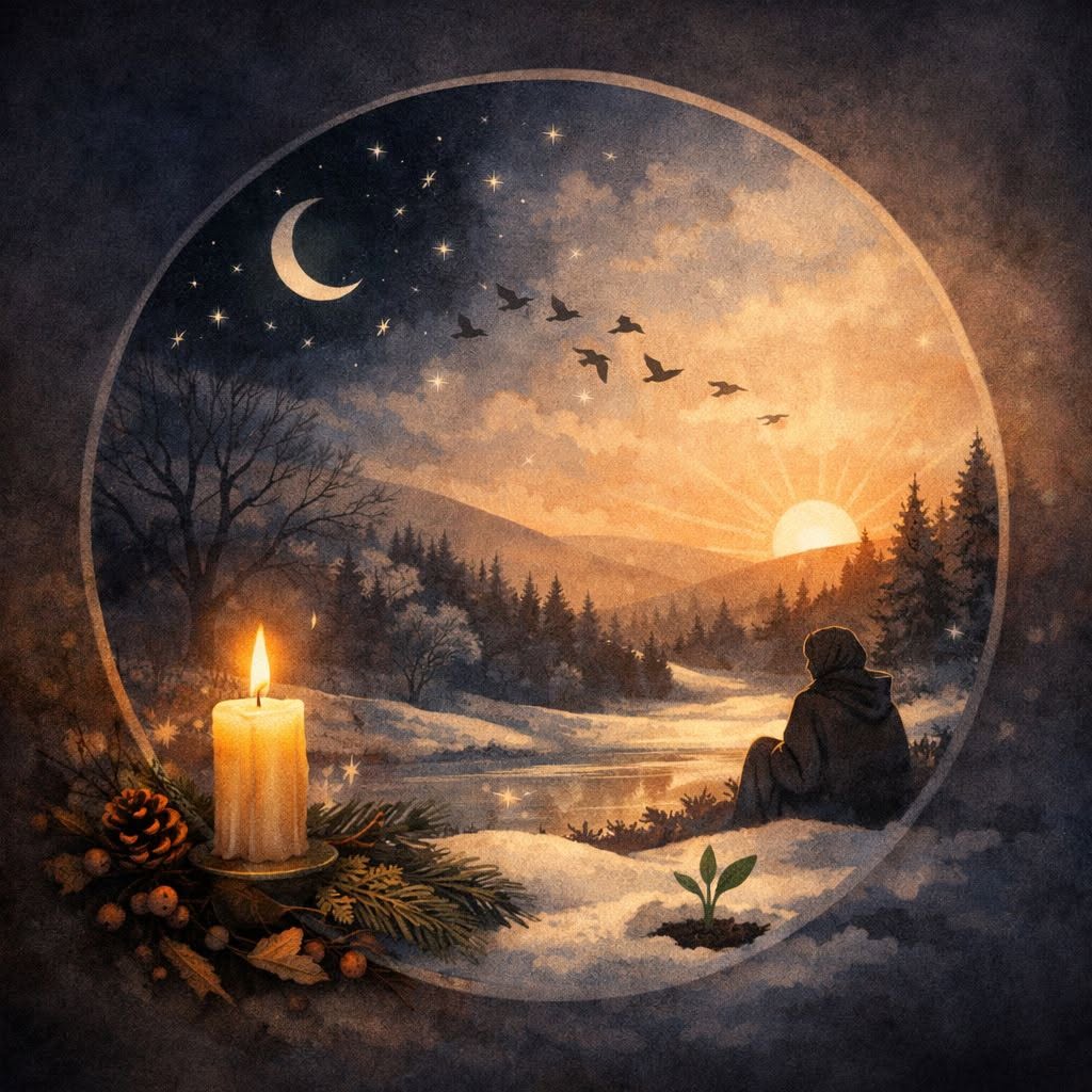 Paysage d’hiver au solstice avec une bougie, la lune, le soleil levant et une jeune pousse dans la neige.