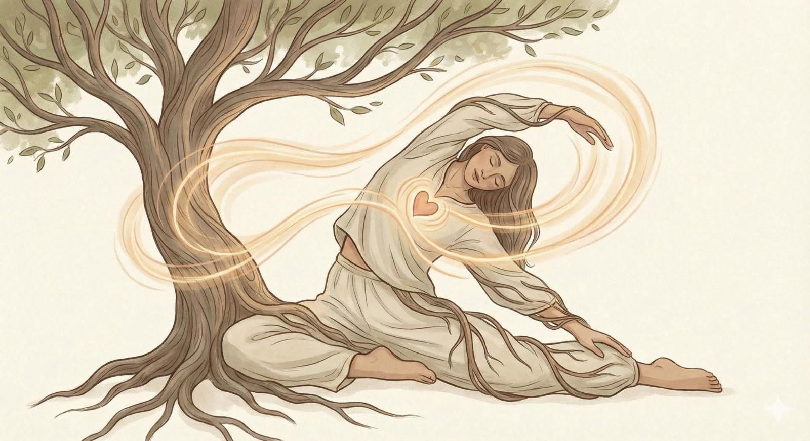 Une femme en mouvement reliée aux racines et aux branches d’un arbre, illustration d’un article sur le corps comme partenaire de vie.