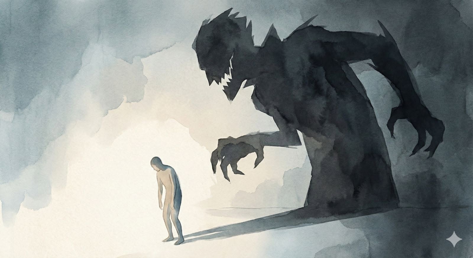 Une personne courbée sous l’ombre immense d’une figure menaçante, illustration de la peur de se croire pervers narcissique.